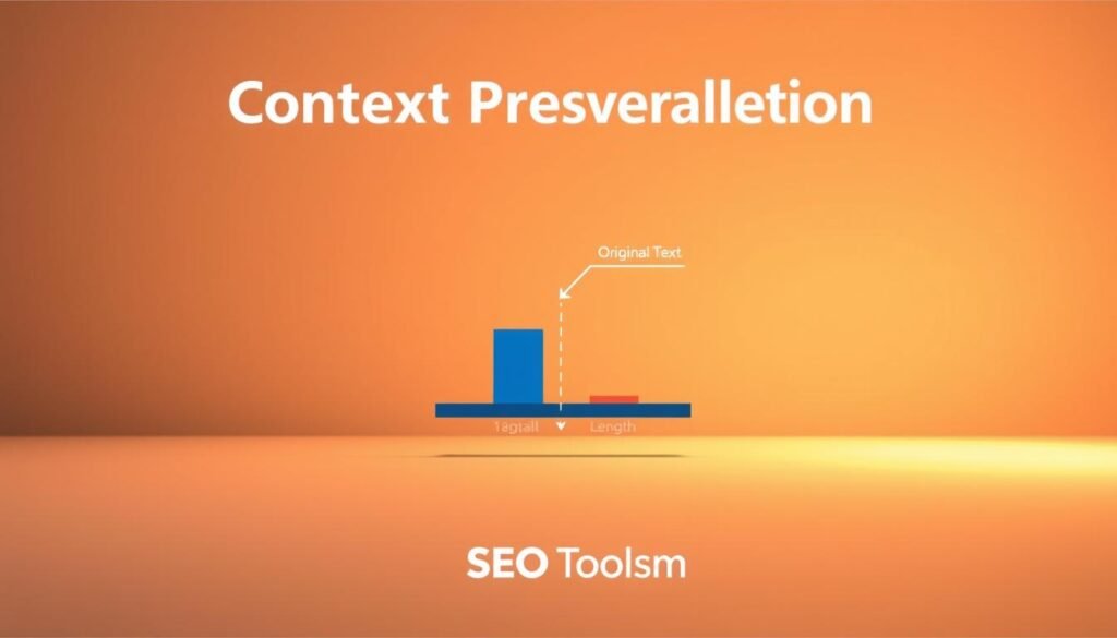 A clean, crisp data visualization showcasing the "text summarizer context preservation" feature of the SEO Toolsm text summarizer. A sleek, minimalist design with a central bar graph prominently displaying two data points - the original text length and the condensed summary length, connected by an arrow to illustrate the preservation of key information. The background is a subtle, muted tone, allowing the data visualization to take center stage. Warm but focused lighting casts a professional, authoritative atmosphere, complemented by a low-angle perspective to convey the tool's capabilities. The SEO Toolsm brand name is tastefully incorporated into the design.