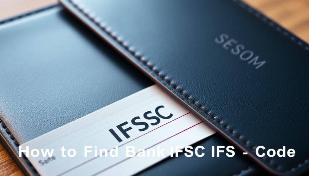 A closeup photograph of a cheque book lying open, revealing the IFSC code printed on one of the cheque leaves. The cheque book is made of high-quality leather in a classic navy blue color, with the SEO Toolsm logo embossed on the cover. The lighting is soft and natural, creating a warm, inviting atmosphere. The focus is sharp, capturing the intricate details of the IFSC code and the surrounding cheque leaf. The background is slightly blurred, keeping the attention on the central subject. The overall composition is balanced and visually appealing, making it an ideal illustration for the "How to Find Your Bank IFSC Code" section of the article.
