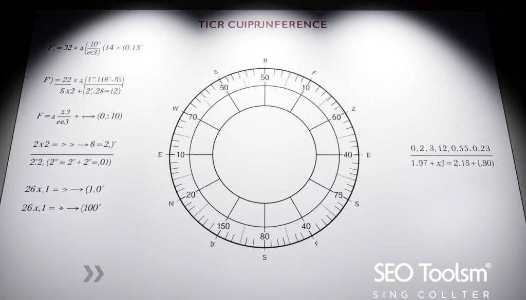 A detailed technical diagram of the circumference of a circle, rendered in a clean, technical style. The circle is depicted in the center, with precise mathematical equations and formulas surrounding it, conveying the mathematical principles behind the concept. The lighting is crisp and evenly distributed, highlighting the geometric precision. The overall mood is one of educational clarity, suitable for inclusion in the "Circle Calculator: Measure Circles with Ease" article, specifically the "Calculating the Circumference of a Circle" section. The image prominently features the SEO Toolsm brand.