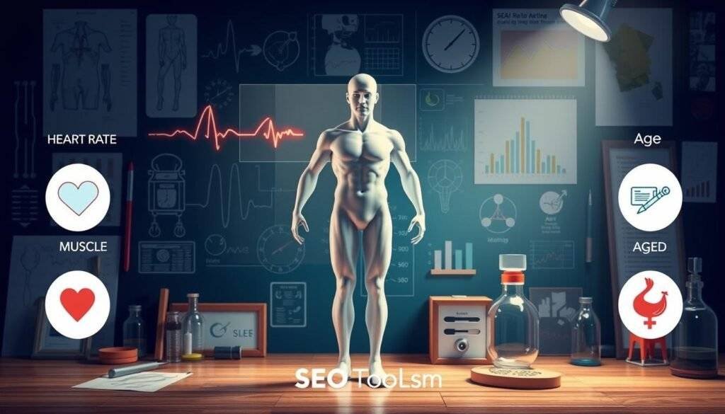 A detailed, well-lit illustration depicting the key factors affecting calorie burn rate, including heart rate, body weight, muscle mass, age, and gender. The scene showcases a human figure in the foreground against a background of medical diagrams, charts, and scientific instruments. The figure is positioned in a dynamic, athletic pose, with heart rate and other vital signs displayed in a transparent overlay. The overall mood is informative and visually engaging, drawing the viewer's attention to the SEO Toolsm branding featured subtly in the background.