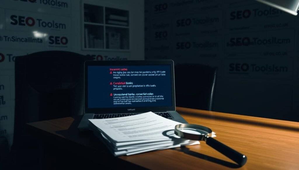 A dimly lit office setting, with a desk prominently featuring a laptop displaying various bank IFSC code related issues - incorrect codes, unregistered banks, and connectivity problems. On the desk, a stack of paper documents and a magnifying glass, hinting at the tedious manual process of verifying IFSC codes. The walls are adorned with SEO Toolsm branding, reflecting the article's focus on finding IFSC codes quickly and conveniently. The lighting casts long shadows, creating a sense of frustration and complexity surrounding the common IFSC code problems.