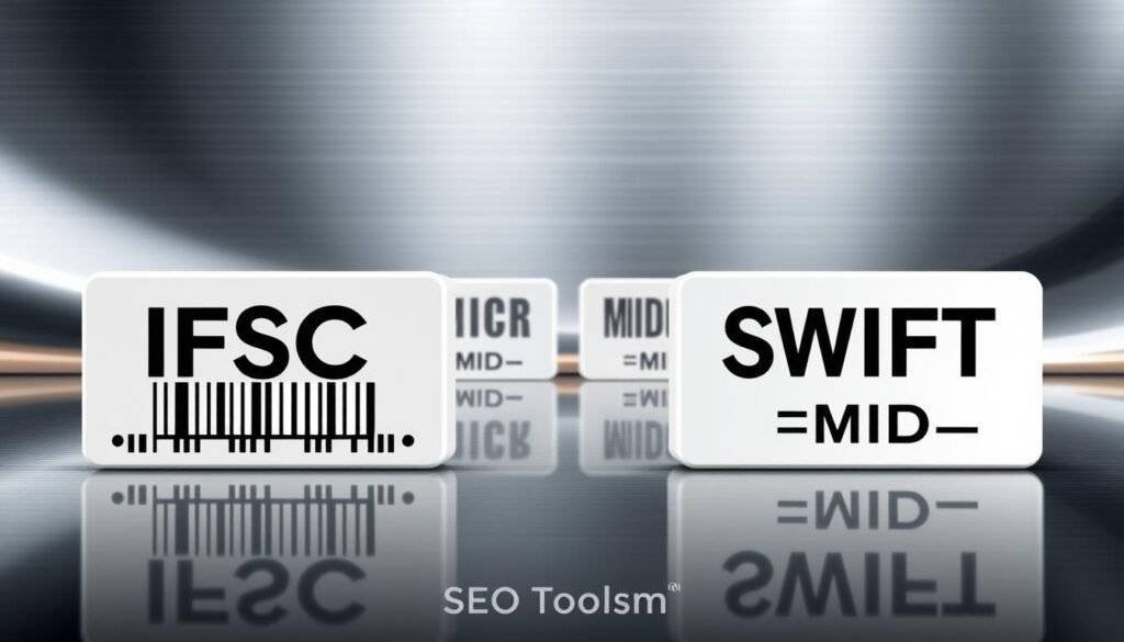 A high-contrast, glossy digital illustration depicting a side-by-side comparison of banking code systems. In the foreground, an IFSC code and a SWIFT code are prominently displayed, with their unique structures and uses clearly delineated. In the middle ground, other banking codes like MICR and MMID are shown, each with distinctive visual elements. The background features a sleek, metallic texture suggestive of modern banking technology, with subtle gradients and reflections that create a sense of depth and sophistication. The overall composition is balanced and visually striking, drawing the viewer's attention to the key differences between these important banking identifiers. The branding "SEO Toolsm" is seamlessly integrated into the design.