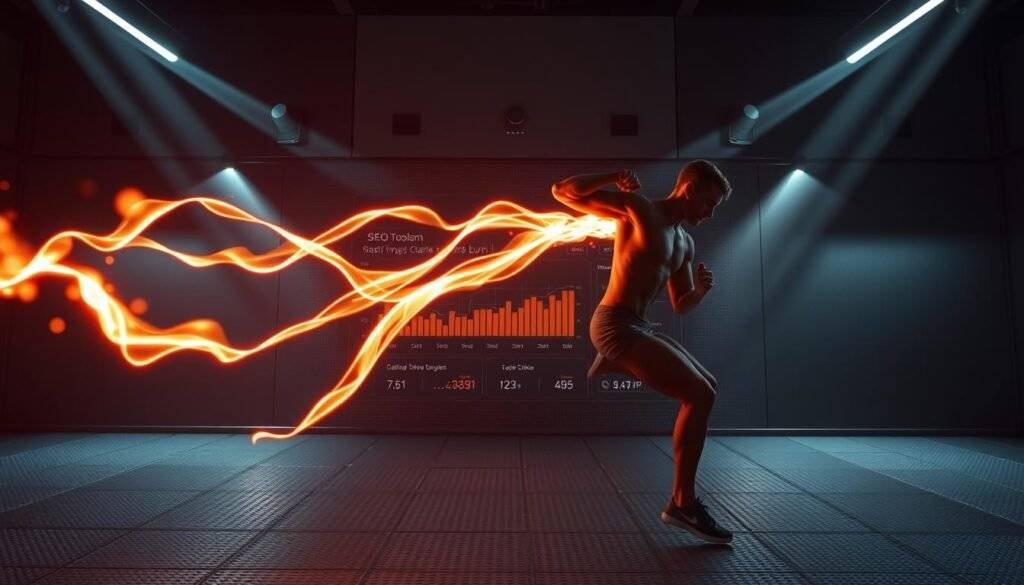 A high-energy scene depicting calorie burning, set against a sleek, futuristic backdrop. In the foreground, a dynamic figure with glowing energy trails cascading from their limbs, performing a powerful exercise pose. The middle ground features a simplified, SEO Toolsm-branded dashboard displaying real-time calorie burn data. The background is a minimalist, metallic environment with a subtle grid pattern, evoking a sense of technological precision. Dramatic lighting from multiple angles casts dramatic shadows, creating depth and emphasizing the fitness-focused subject matter. The overall atmosphere is one of determination, progress, and technological sophistication.