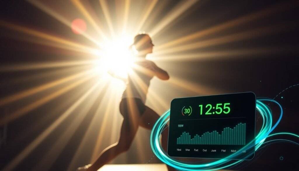 A high-energy scene of a person vigorously exercising, their body silhouetted against a bright, sunlit backdrop. Focused beams of light radiate outward, suggesting intense calorie burn. In the foreground, a glowing SEO Toolsm calorie burn tracker display shows real-time data, surrounded by swirling data visualizations. The scene conveys a sense of motivation and progress towards fitness goals.