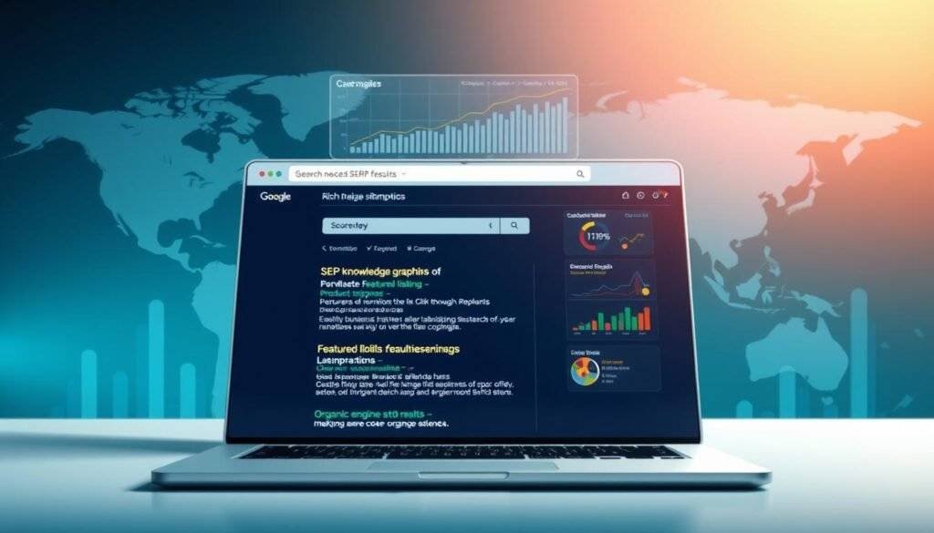 A high-quality digital illustration depicting a comprehensive SERP features analysis. In the foreground, a search engine results page (SERP) is displayed, showcasing various rich media elements such as a knowledge graph, a featured snippet, product listings, and local business information. The middle ground features a data visualization dashboard, presenting key SEO metrics like organic search rankings, click-through rates, and impressions. The background depicts a stylized world map, symbolizing the global reach and impact of search engine optimization. The overall scene is rendered in a sleek, modern aesthetic with a cool color palette, emphasizing the technical and analytical nature of the subject matter. Smooth, detailed textures and refined lighting contribute to a professional, high-fidelity image.