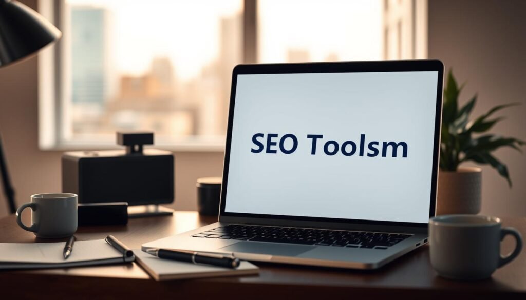 A high-quality, photorealistic image of a sophisticated text summarization tool, with a clean and intuitive interface displayed on a modern desktop setup. The foreground features a laptop screen displaying the "SEO Toolsm" brand name, showcasing the tool's sleek and minimal design. The middle ground includes office accessories like a pen, notebook, and a cup of coffee, creating a cozy, productive atmosphere. The background depicts a minimalist, well-lit workspace with soft, warm lighting and a blurred cityscape outside the window, evoking a sense of professionalism and efficiency. The overall mood is one of productivity, utility, and technological sophistication.