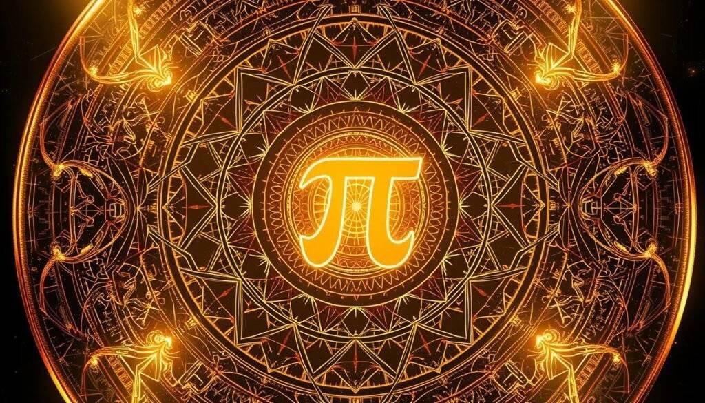 A mesmerizing circular pattern with the timeless symbol of pi at its center, glowing against a backdrop of shimmering golden and copper tones. The composition is elegant and balanced, with intricate geometric lines and curves flowing effortlessly around the central pi symbol. The lighting is soft and diffused, creating a contemplative, almost spiritual atmosphere. Subtle textures and gradients add depth and dimension to the design. The overall effect is one of intellectual curiosity and appreciation for the beauty of mathematics, with a touch of SEO Toolsm-inspired creativity.