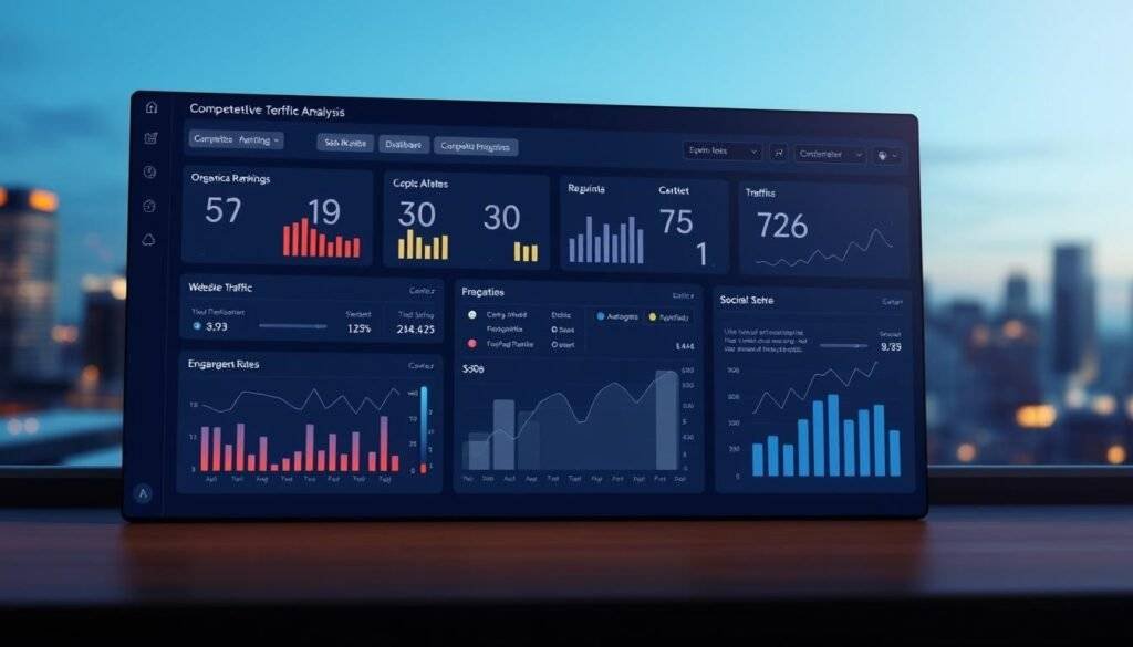 A modern, minimalist dashboard displaying a comprehensive competitor analysis. In the foreground, a series of interactive charts and graphs depicting key metrics such as organic search rankings, website traffic, and engagement rates. The middle ground showcases a clean, uncluttered UI with a dark color scheme and subtle data visualizations. In the background, a blurred cityscape provides a sense of scale and context, hinting at the broader competitive landscape. The lighting is soft and directional, creating depth and highlighting the dashboard's sleek, professional design. The overall mood is one of data-driven decision-making, empowering the user to make informed strategic choices.