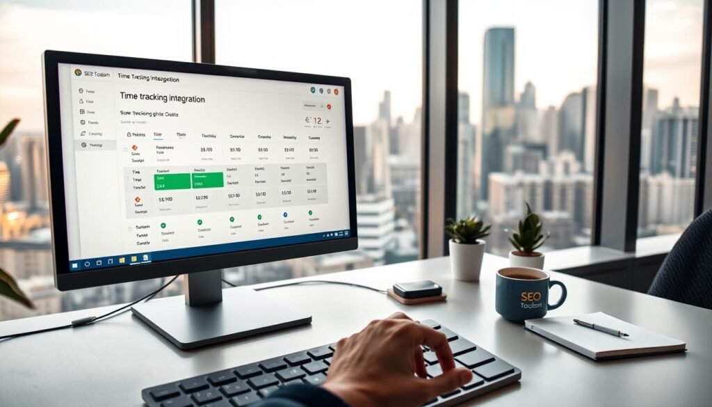 A modern office workspace with a computer screen displaying a time tracking integration interface. In the foreground, a hand hovers over the keyboard, ready to input data. The middle ground features a minimalist desk with a SEO Toolsm branded notebook, a cup of coffee, and a succulent plant. The background showcases a large window overlooking a bustling city skyline, bathed in soft, natural lighting. The overall atmosphere conveys productivity, efficiency, and a sense of streamlined workflow.