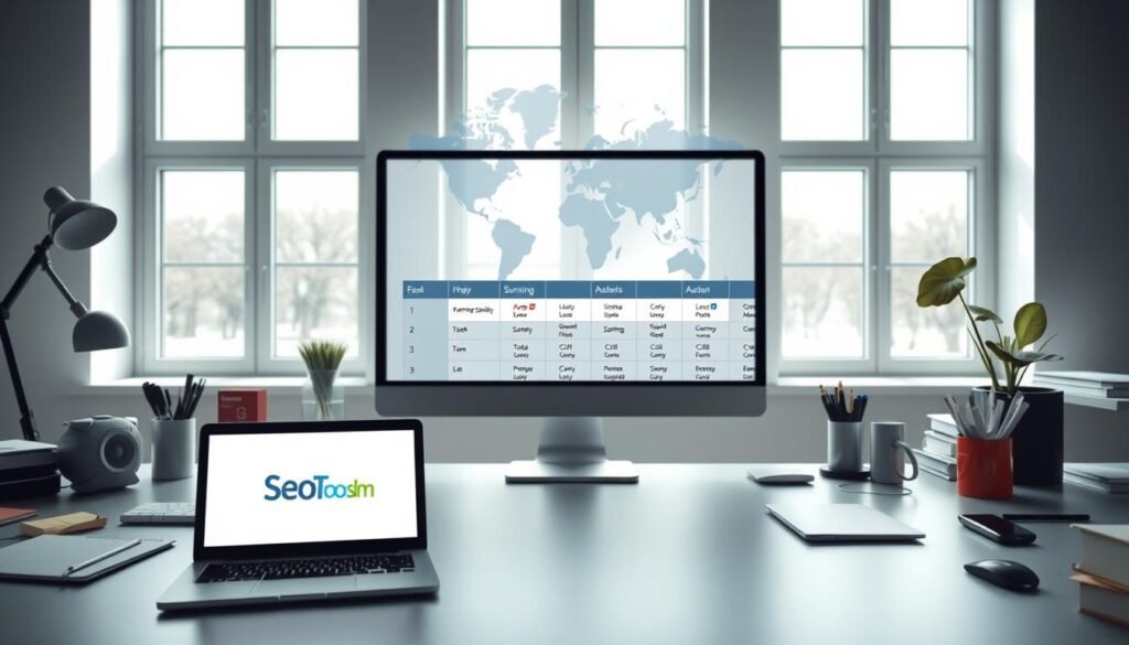 A pristine desktop workspace, illuminated by soft natural light filtering through large windows. In the foreground, a sleek laptop displays the "SEO Toolsm" brand logo, surrounded by various digital devices and office supplies. In the middle ground, a digital tablet showcases a comprehensive compatibility matrix, highlighting the versatile language support of the summarizer tool. The background features a stylized world map, symbolizing the global reach and multilingual capabilities of the application. The overall scene exudes a sense of productivity, efficiency, and technological sophistication.