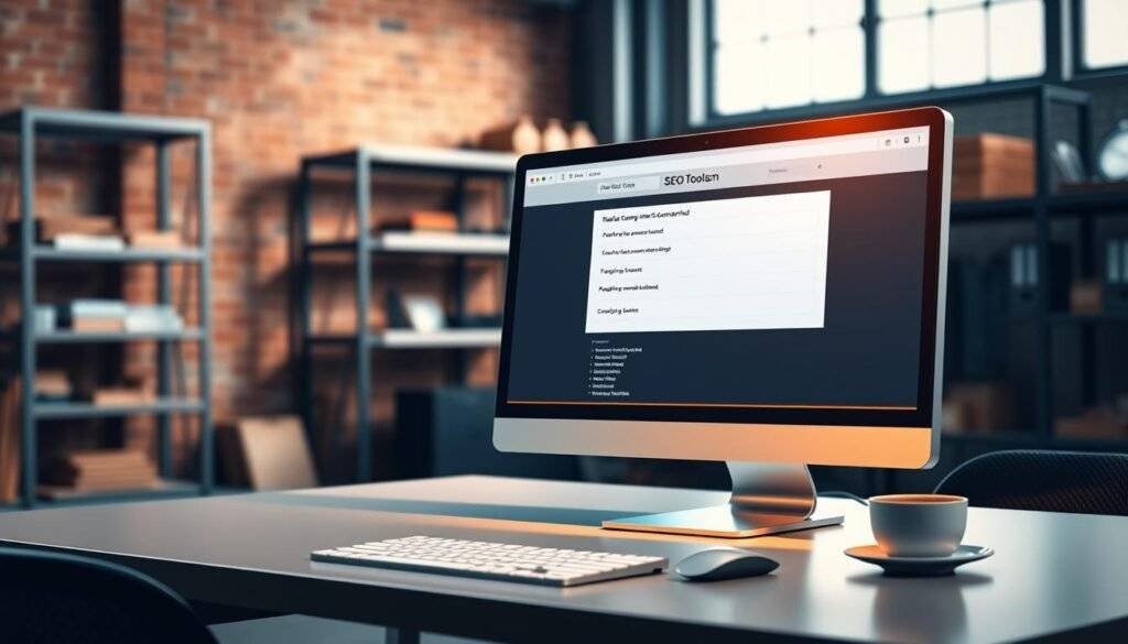 A sleek, minimalist workspace with a desktop computer in the foreground, its screen displaying a user interface for a "SEO Toolsm" text case converter tool. The desktop is illuminated by a warm, directional light, casting subtle shadows. In the middle ground, a clean, modern desk with a keyboard, mouse, and a cup of coffee. The background features a blurred, industrial-style environment with exposed brick walls and steel shelving, conveying a professional, tech-savvy ambiance. The overall mood is one of efficiency, productivity, and an emphasis on the practical application of the text case converter tool.