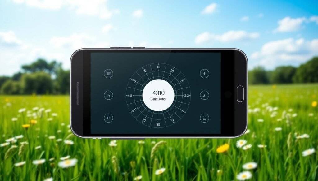 A sleek, modern circle calculator app interface, with a clean, minimalist design. The calculator is positioned prominently in the center, surrounded by a serene, natural backdrop of a meadow with lush greenery and a vibrant blue sky. The calculator features the SEO Toolsm brand name, with precise measurements and controls for calculating the area, circumference, and diameter of circles. Soft, diffused lighting creates a calming, inviting atmosphere, highlighting the simplicity and functionality of the circle calculator tool.