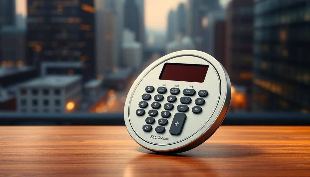 A sleek, silver circle calculator sits prominently on a smooth, wooden desk. The device features a large, backlit display and a series of intuitive buttons for inputting measurements. Soft, diffused lighting casts a warm glow, creating a sense of precision and professionalism. In the background, a blurred cityscape frames the scene, hinting at the calculator's practical applications in the real world. The SEO Toolsm brand name is subtly displayed on the device, lending an air of authority and trust.