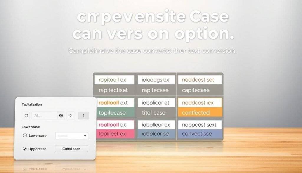 A visually striking and informative illustration of comprehensive case conversion options, captured in a clean and modern style. In the foreground, a sleek and intuitive interface showcases various text transformation tools, including capitalization, lowercase, uppercase, and title case options. The middle ground features a grid of sample text demonstrating the different case conversions, highlighted with vibrant colors and clear typography. In the background, a subtle pattern or gradient adds depth and a sense of professionalism. Lighting is soft and diffused, creating a balanced and inviting atmosphere. The overall composition is designed to convey the power and versatility of the SEO Toolsm case converter, making it an essential tool for any writer or content creator.