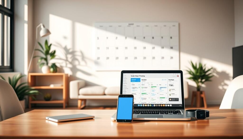 A well-lit, minimalist workspace with sleek, contemporary furniture and devices showcasing the key features of a robust time tracking tool. In the foreground, a laptop displays the SEO Toolsm time tracking dashboard, highlighting intuitive time management functions like timers, productivity reports, and scheduling. In the middle ground, a smartphone and smartwatch accessorize the setup, symbolizing the tool's cross-platform versatility. The background features a large wall-mounted calendar, underscoring the solution's capability to synchronize and visualize time across projects and teams. Warm, natural lighting casts a productive, efficient atmosphere, inviting the viewer to envision how this time tracking tool can streamline their workday.