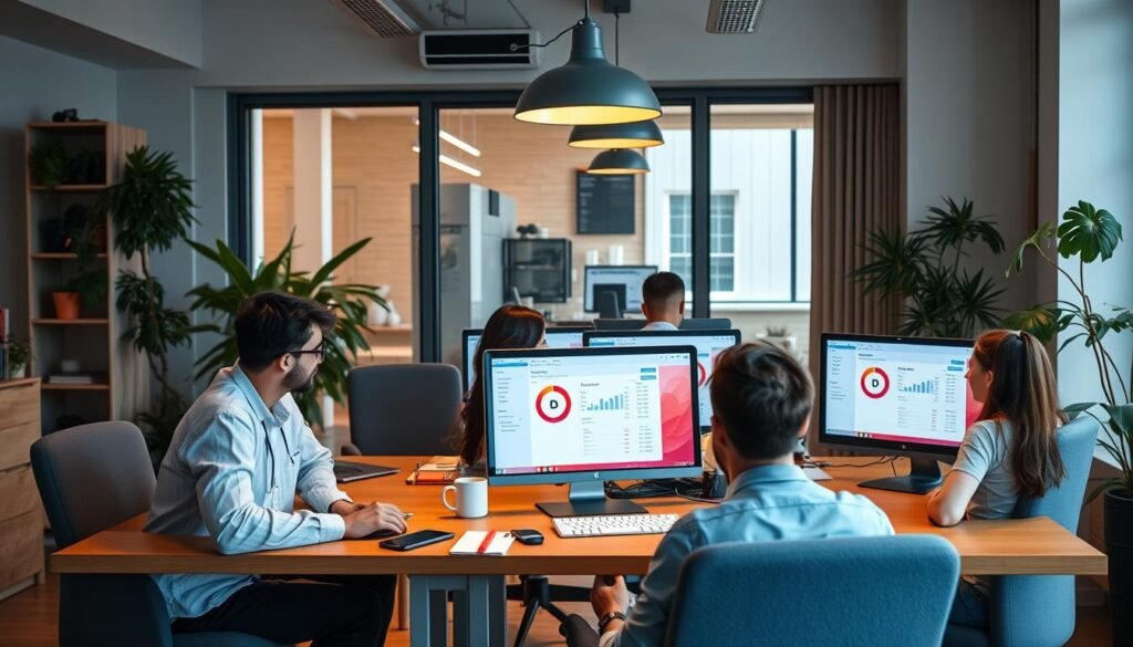 Generate an image of a hybrid workspace with employees working remotely and in-office, with Time Doctor's interface on their screens.