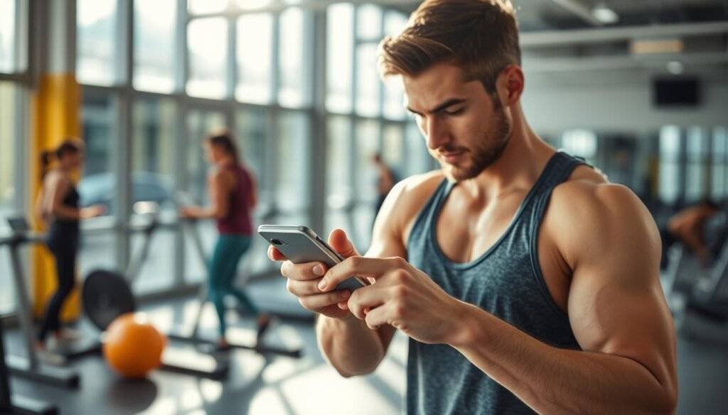 Generate an image of a person using a fitness calculator on a digital device.