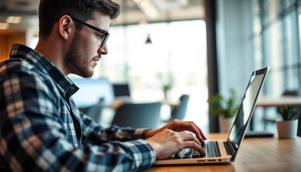 Generate an image of a person using a time tracking tool on a laptop