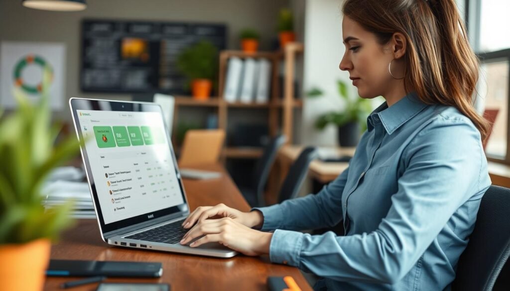 Generate an image of a professional using Harvest on a laptop for project and expense tracking.
