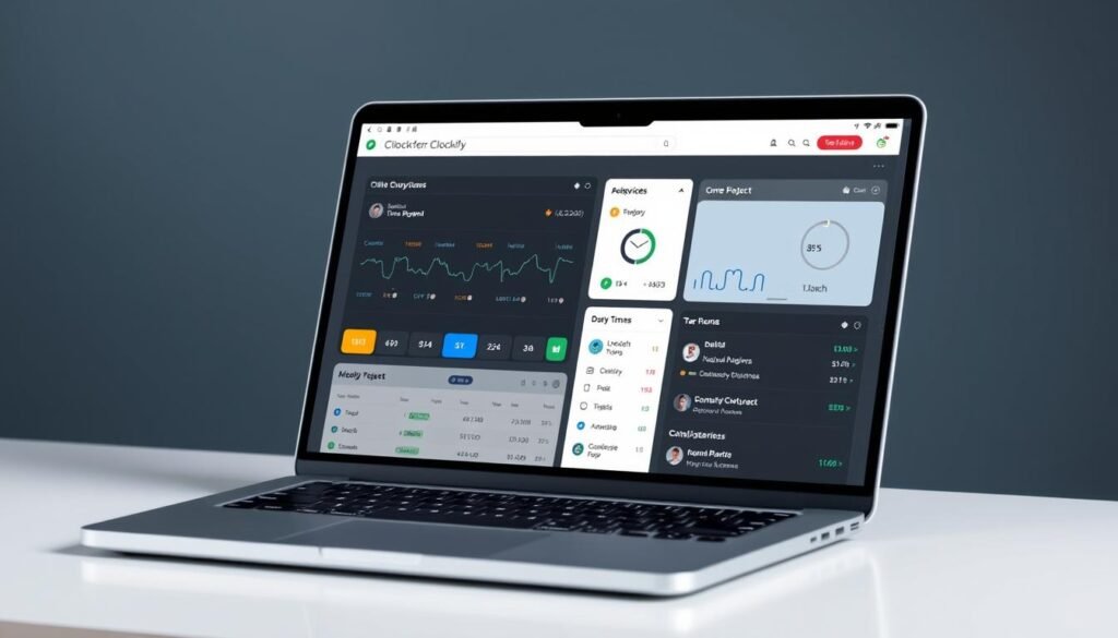 Generate an image of the Clockify dashboard on a laptop screen, highlighting its user-friendly interface and various features.