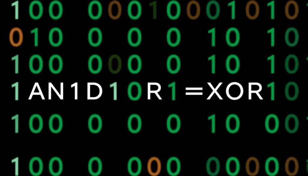 Image of a binary code matrix with bitwise operations symbols