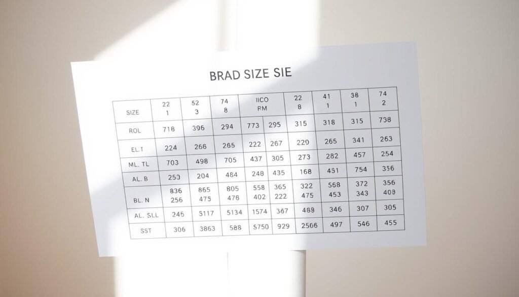 A beautifully detailed bra size chart, displayed on a clean white background with soft, natural lighting. The chart presents a grid of cup sizes and band measurements, rendered in a clear, easy-to-read font. The overall design is elegant and minimalist, allowing the information to be the focal point. The chart is presented at an angle, creating depth and perspective, and shot with a medium-wide lens to capture the entirety of the chart. The atmosphere is inviting and informative, guiding the viewer through the essential details needed to find the perfect bra fit across different brands.