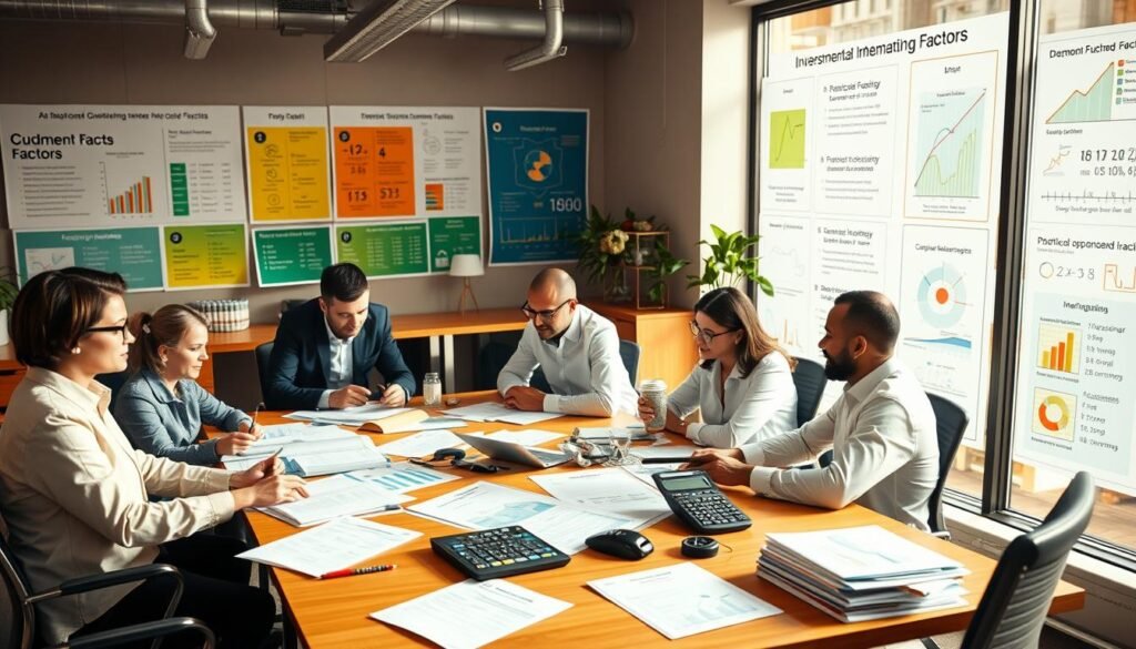 A bustling office setting, with workers collaborating around a large table. On the table, various financial documents, spreadsheets, and a prominent calculator prominently displayed. The walls are adorned with colorful charts and diagrams illustrating common mathematical factors and their practical applications in business operations, investments, and budgeting. Warm, natural lighting filters in through large windows, creating a productive and inviting atmosphere. The scene conveys the importance of understanding common factors in making informed financial decisions and optimizing business strategies.