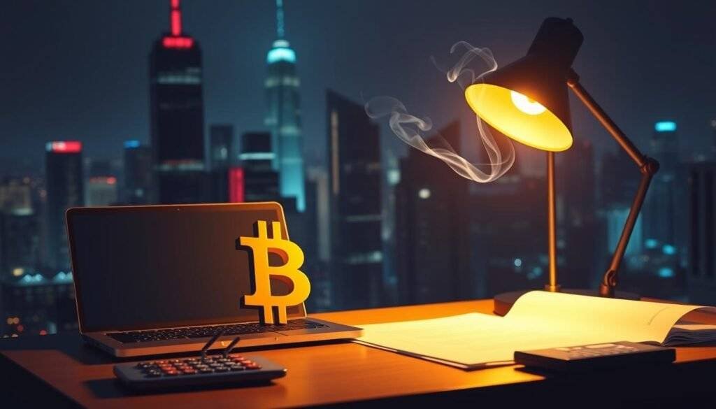 A cityscape at night, the silhouettes of skyscrapers against a glowing, neon-tinged sky. In the foreground, a desk with a laptop, a stack of documents, and a calculator, all bathed in the warm glow of a desk lamp. Atop the desk, a 3D-rendered cryptocurrency icon, its faceted surfaces reflecting the artificial light. Wisps of smoke curl up from a smoldering cigarette, hinting at the complexity and stress of crypto tax calculations. The scene conveys a sense of contemplation, the weight of financial decisions heavy in the air.