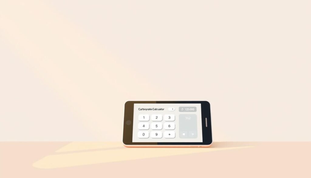 A clean, minimalist digital illustration of a "Carbohydrate Calculator" interface. A sleek, high-resolution display dominates the foreground, showing a simplified calculator layout with buttons for inputting carbohydrate values. The background is a soft, neutral palette with subtle gradients, creating a calming, focused atmosphere. Warm, natural lighting emanates from the top-left, casting subtle shadows and highlights that accentuate the device's form and controls. The overall composition is balanced, drawing the viewer's attention to the core functionality of the carbohydrate calculator.
