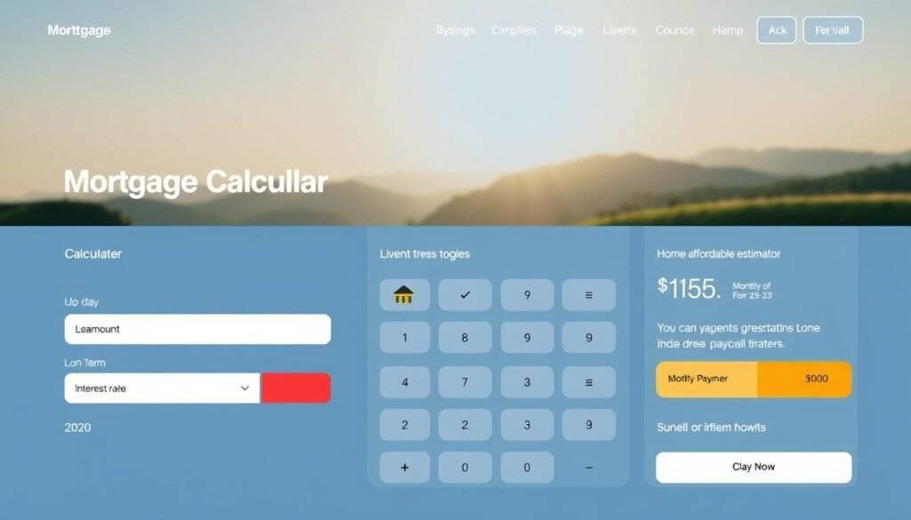 A clean, modern interface for a mortgage calculator, featuring sleek lines, intuitive controls, and a minimalist aesthetic. The foreground showcases the calculator itself, with input fields for loan amount, interest rate, and loan term. The middle ground features additional tools and calculators, such as a home affordability estimator and monthly payment breakdown. The background depicts a serene, sun-dappled landscape, conveying a sense of financial stability and the dream of homeownership. The overall mood is one of clarity, confidence, and financial empowerment, inviting the user to explore their home-buying options.