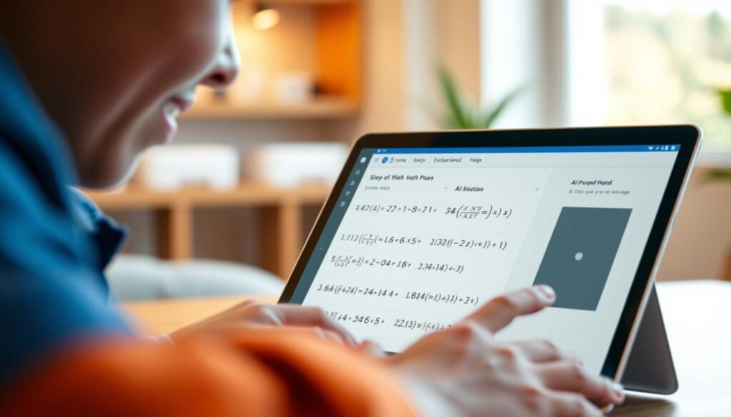 A detailed close-up of a student or user interacting with an AI-powered math solver application on a laptop or tablet, displaying step-by-step solutions and explanations. The user's face is visible, expressing a sense of engaged learning or understanding. The application interface is clean, modern, and intuitive, with clear graphical elements. The scene is well-lit, with a warm, inviting atmosphere that conveys the user's positive experience. The background is slightly blurred, focusing the attention on the user and the application. The overall mood is one of productive learning and efficient problem-solving.