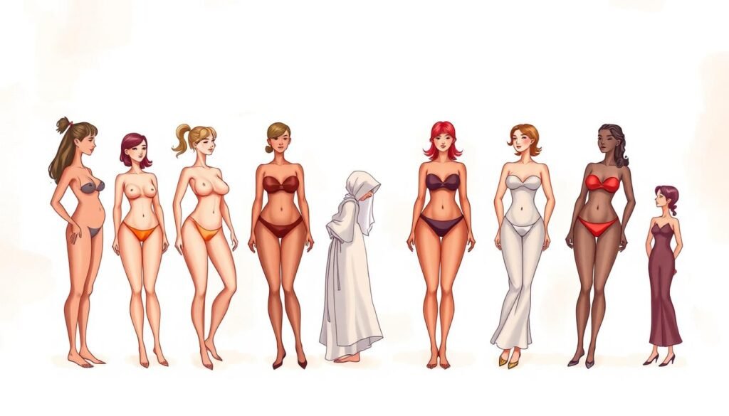 A detailed illustration depicting the 7 primary female body shapes, rendered with a soft, artistic style. In the center, the figures are shown in a neutral, upright pose, each representing a distinct silhouette: apple, pear, hourglass, rectangle, inverted triangle, column, and diamond. Placed against a lightly textured, neutral background, the figures are illuminated by warm, diffused lighting that accentuates the natural curves and contours of the female form. The overall composition conveys a sense of inclusivity, celebrating the diversity of the female physique.