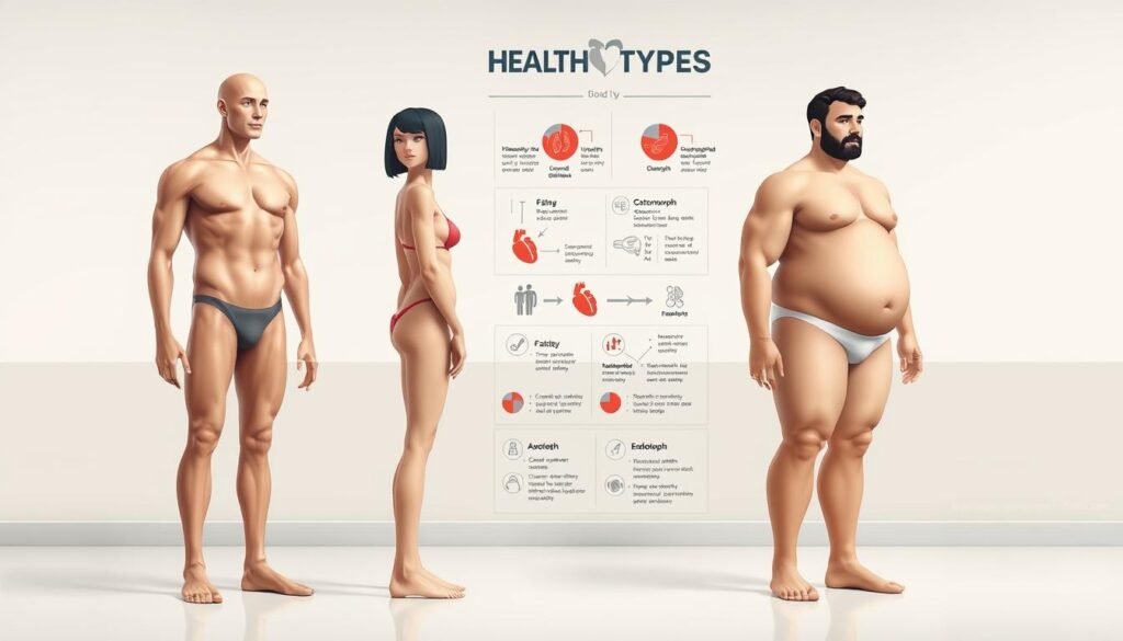 A detailed illustration depicting the health risks associated with different body types. In the foreground, a trio of human figures representing the main body types - ectomorph, mesomorph, and endomorph - standing side by side. Their body shapes are clearly defined, with variations in muscle tone, fat distribution, and overall proportions. The middle ground features a series of small diagrams and infographics highlighting the specific health implications of each body type, such as susceptibility to cardiovascular disease, diabetes, and other conditions. The background is a clean, clinical setting with a neutral color palette, conveying a sense of objectivity and medical authority. The lighting is soft and even, emphasizing the clarity and detail of the subject matter. The overall tone is informative and educational, designed to visually communicate the key health risks associated with different body shapes.