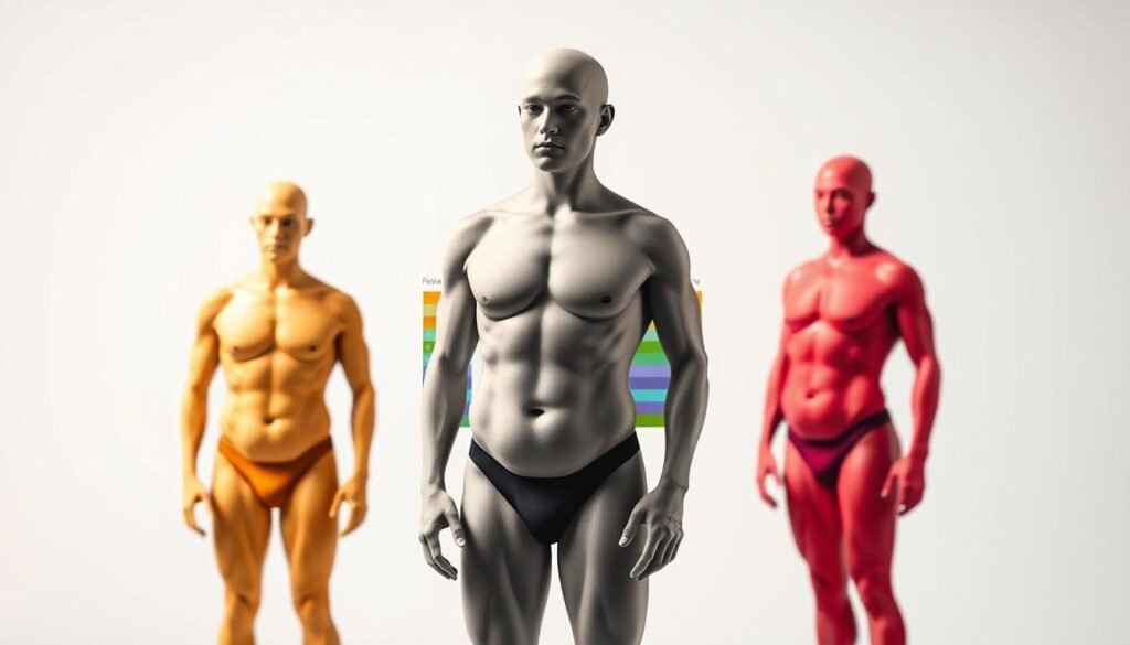 A detailed illustration of body fat percentage, captured against a clean, minimalist backdrop. In the foreground, a human figure with varying degrees of body fat, rendered in anatomical precision, showcasing the distribution and proportion of adipose tissue. In the middle ground, a color-coded chart or diagram delineating the optimal, healthy, and concerning ranges of body fat for different demographics. The background is a soft, muted gradient, allowing the central elements to take center stage. Subtle, directional lighting emphasizes the contours and texture of the subject, creating a sense of depth and dimension. The overall mood is informative, educational, and visually engaging, conveying the health implications of body fat levels.