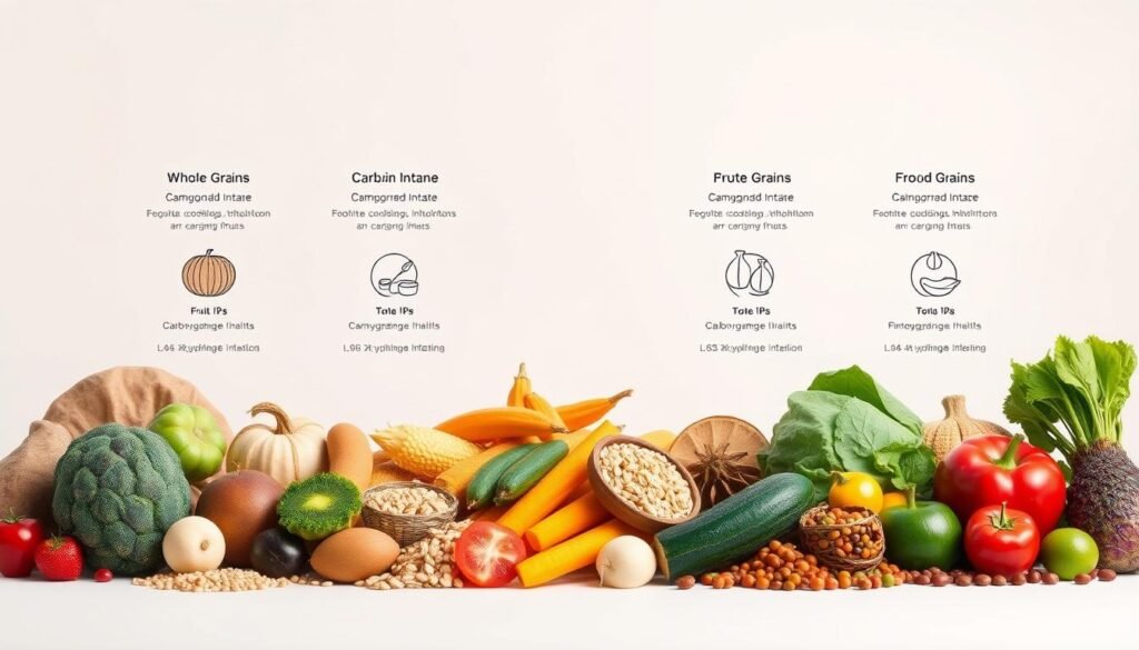 A detailed illustration of different food groups representing varying carbohydrate intake levels, set against a clean, minimalist background. In the foreground, a diverse array of whole grains, fruits, vegetables, and legumes, each with distinct textures and colors, are neatly arranged to convey the recommended daily intake for different fitness goals. The middle ground features simple line-art diagrams and infographic-style icons to visually communicate the carbohydrate content and nutritional profiles of these food groups. The background is a soft, diffused light, creating a sense of balance and harmony, emphasizing the importance of achieving a well-balanced diet. The overall composition should evoke a sense of clarity, approachability, and guidance for the reader.