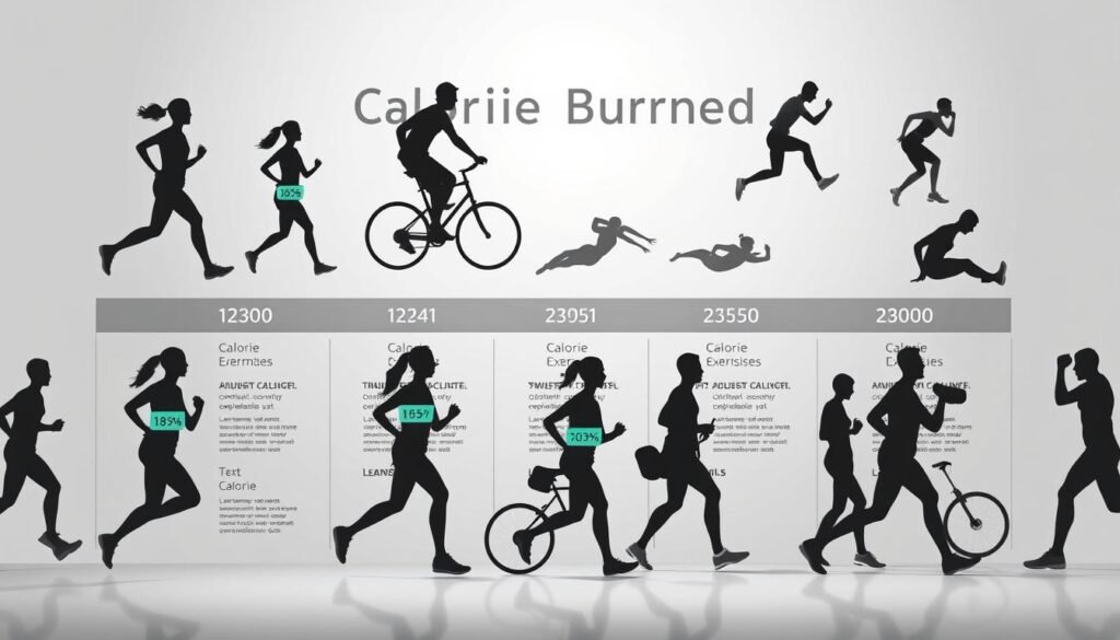 A detailed infographic depicting various physical activities and their corresponding calorie burn rates. The foreground showcases silhouettes of people engaged in diverse exercises, such as running, cycling, swimming, and strength training, each with a prominent calorie count display. The middle ground features a clean, minimalist layout with geometric shapes and lines, providing a sense of organization and data visualization. The background is a soft, neutral gradient, allowing the information to take center stage. The lighting is natural and diffused, casting subtle shadows to add depth and dimension. The overall composition conveys a sense of health, fitness, and informative clarity, suitable for the "Calorie Burned Calculator" article.