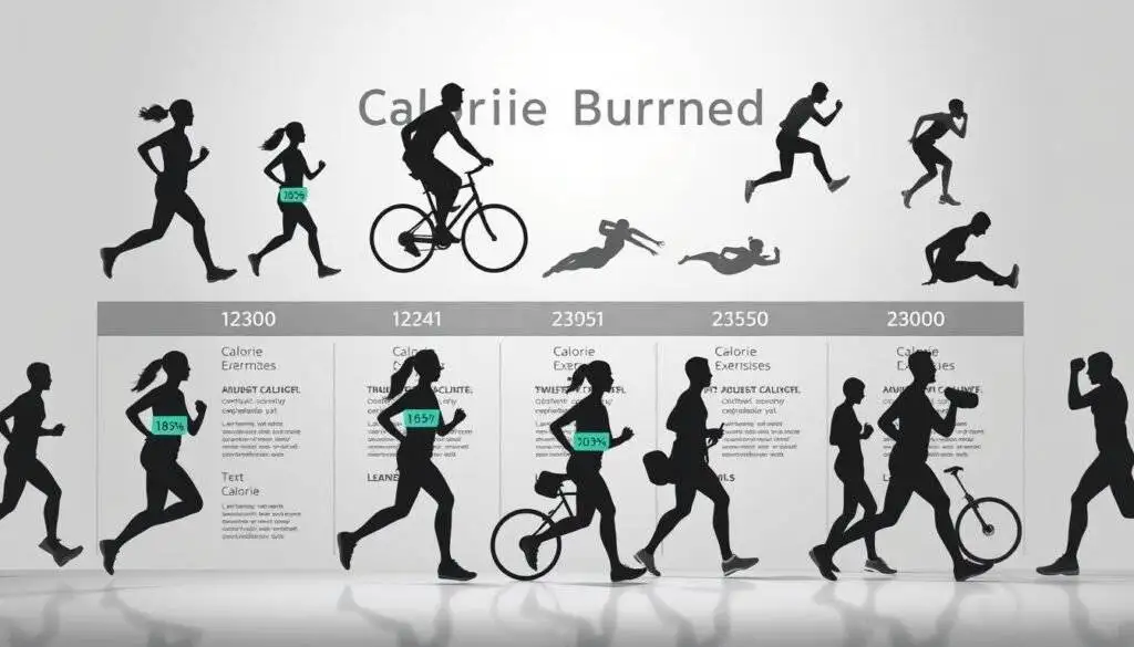 A detailed infographic depicting various physical activities and their corresponding calorie burn rates. The foreground showcases silhouettes of people engaged in diverse exercises, such as running, cycling, swimming, and strength training, each with a prominent calorie count display. The middle ground features a clean, minimalist layout with geometric shapes and lines, providing a sense of organization and data visualization. The background is a soft, neutral gradient, allowing the information to take center stage. The lighting is natural and diffused, casting subtle shadows to add depth and dimension. The overall composition conveys a sense of health, fitness, and informative clarity, suitable for the "Calorie Burned Calculator" article. A detailed infographic depicting various physical activities and their corresponding calorie burn rates. The foreground showcases silhouettes of people engaged in diverse exercises, such as running, cycling, swimming, and strength training, each with a prominent calorie count display. The middle ground features a clean, minimalist layout with geometric shapes and lines, providing a sense of organization and data visualization. The background is a soft, neutral gradient, allowing the information to take center stage. The lighting is natural and diffused, casting subtle shadows to add depth and dimension. The overall composition conveys a sense of health, fitness, and informative clarity, suitable for the "Calorie Burned Calculator" article.