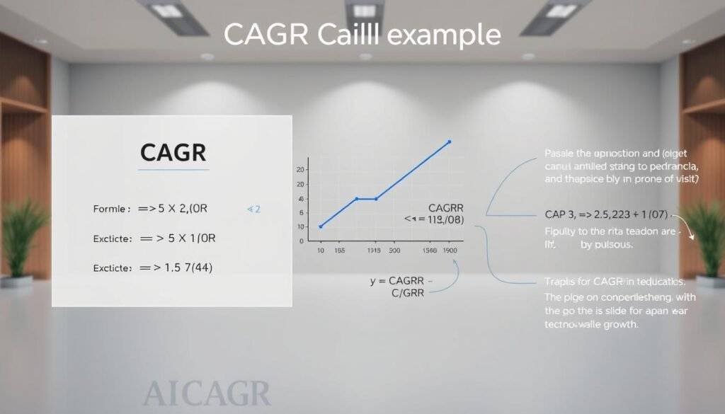 A detailed visualization of a CAGR calculation example, showcasing the key steps and insights. In the foreground, a clean, minimalist interface displays the CAGR formula and input values, with a prominent graph charting the compound growth trajectory. The middle ground features carefully annotated calculations, guiding the viewer through the step-by-step process. The background depicts a serene, professional setting, with muted colors and soft lighting to convey a sense of thoughtful analysis. The overall scene strikes a balance between technical precision and visual elegance, inviting the viewer to engage with the material in a clear and accessible manner.