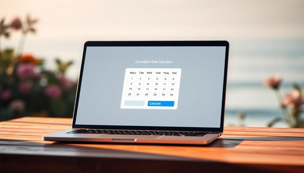 A digital conception date calculator interface displayed on a sleek, modern laptop. The foreground features a clean, minimal design with a calendar, date selection widgets, and a "Calculate" button. The background showcases a softly blurred natural scene, perhaps a serene garden or a calming seascape, creating a tranquil and contemplative atmosphere. Warm, directional lighting casts gentle shadows, highlighting the calculator's elegant lines and intuitive layout. The composition is balanced, drawing the viewer's eye to the central calculator tool, inviting interaction and exploration.