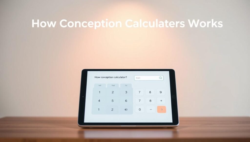 A digital interface displaying a conception calculator, featuring a clean and modern design. In the foreground, a sleek calculator with intuitive controls and seamless interaction. The background showcases a minimalist visualization, perhaps a timeline or a graph, illustrating the conception process. Soft, warm lighting casts a gentle glow, creating a serene and informative atmosphere. The overall composition conveys a sense of simplicity, functionality, and educational purpose, perfectly aligning with the "How Conception Calculators Work" section of the article.