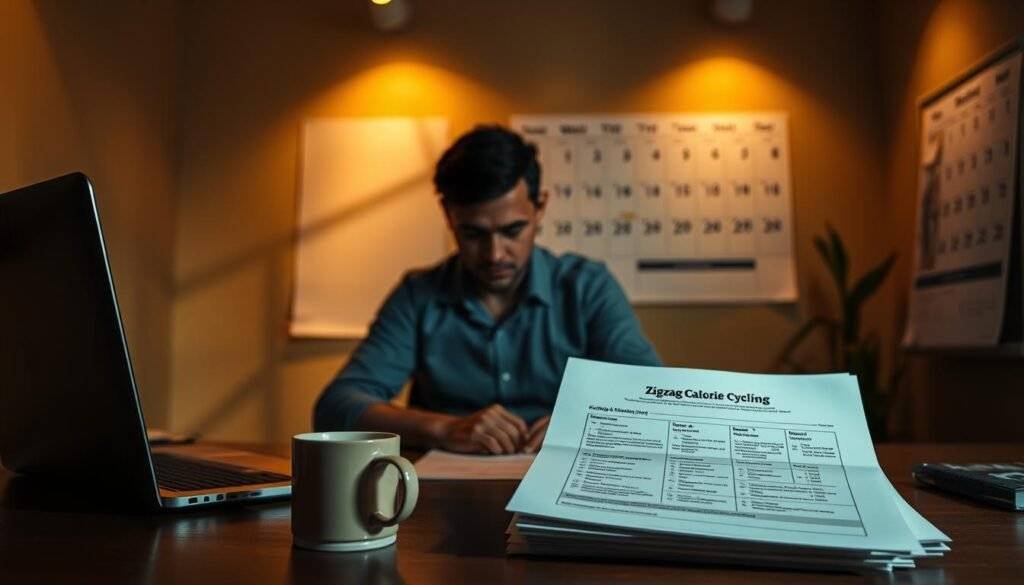 A dimly lit office space, with warm, focused lighting casting geometric shadows on the walls. In the foreground, a meticulously organized workspace with a laptop, a coffee mug, and a stack of papers detailing a "Zigzag Calorie Cycling" plan. The middle ground features a person, their face obscured, intently studying the documents, a look of concentration on their features. In the background, a large wall calendar with dates highlighted, representing the cyclical nature of the calorie strategy. The overall atmosphere is one of purposeful, analytical focus, conveying the precision and nuance required for effective calorie cycling.