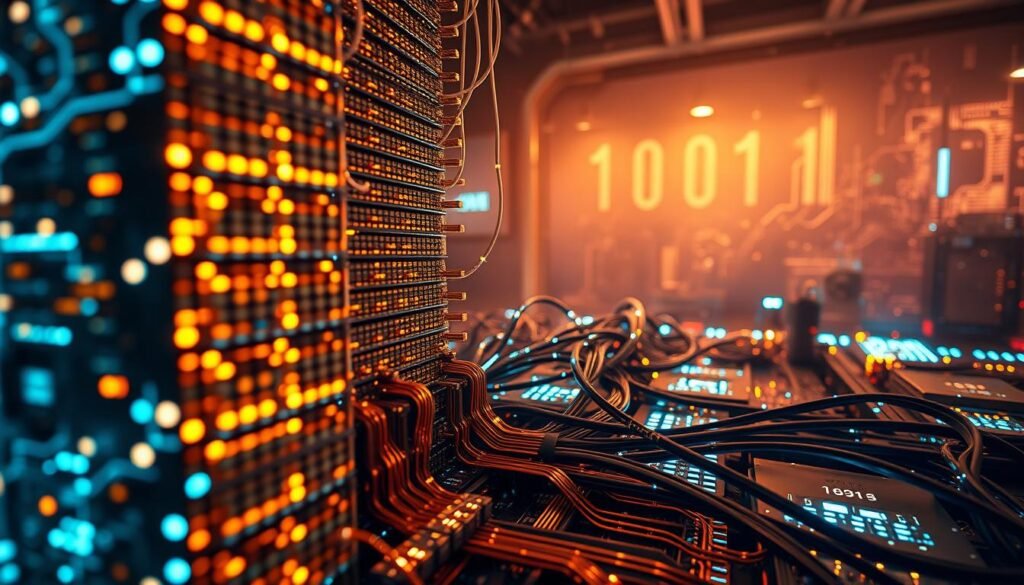 A dramatic close-up of cascading binary digits, 0s and 1s surging through intricate digital circuits. The foreground is dominated by a towering stack of glowing microchips, their edges crackling with electric potential. In the middle ground, a tangled web of copper wires and fiber optic cables weave between the components, pulsing with the rhythm of data transmission. The background fades into a hazy, neon-lit tech landscape, suggesting the vast interconnectivity of modern computing. Dramatic backlighting casts dramatic shadows, heightening the sense of technical complexity and power. Shot with a wide-angle lens to emphasize the scale and immersion, this image conveys the primal, elemental essence of bitwise operations at the heart of digital technology.