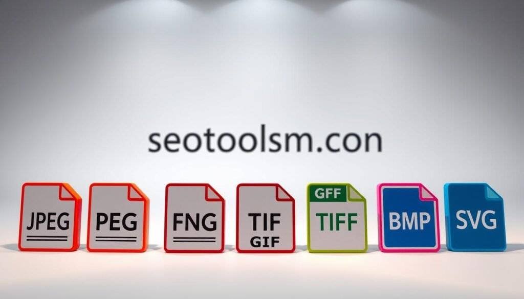 A high-definition image of various image file formats, showcased on a clean white background with subtle shadows. In the foreground, a carefully arranged collection of iconic file type icons, including JPEG, PNG, GIF, TIFF, BMP, and SVG, each rendered with meticulous detail and vibrant colors. The middle ground features a seotoolsm.com branded backdrop, with a sleek and modern aesthetic. The background is softly illuminated, creating a sense of depth and highlighting the file type elements. The overall composition conveys a professional, informative, and visually appealing representation of the supported image formats.