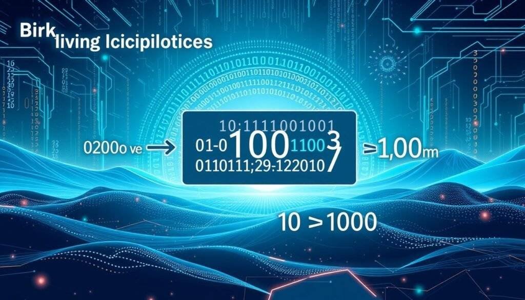 A high-quality digital illustration depicting the "binary to decimal conversion using doubling method". The foreground shows a clear step-by-step visual guide explaining the doubling process, with binary digits, arrows, and decimal values. The middle ground features a large, detailed binary number and the corresponding decimal result, all rendered in a modern, minimalist style with clean lines and a cool color palette. The background showcases a futuristic, technology-inspired landscape with abstract digital patterns and glowing data streams, creating a sleek, informative, and visually striking scene.