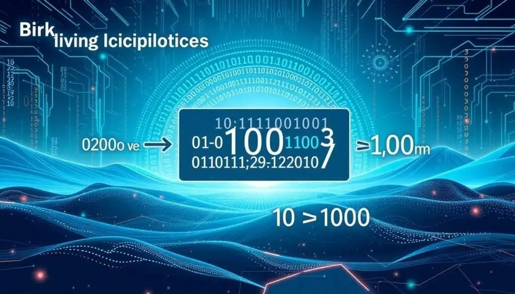 A high-quality digital illustration depicting the "binary to decimal conversion using doubling method". The foreground shows a clear step-by-step visual guide explaining the doubling process, with binary digits, arrows, and decimal values. The middle ground features a large, detailed binary number and the corresponding decimal result, all rendered in a modern, minimalist style with clean lines and a cool color palette. The background showcases a futuristic, technology-inspired landscape with abstract digital patterns and glowing data streams, creating a sleek, informative, and visually striking scene.
