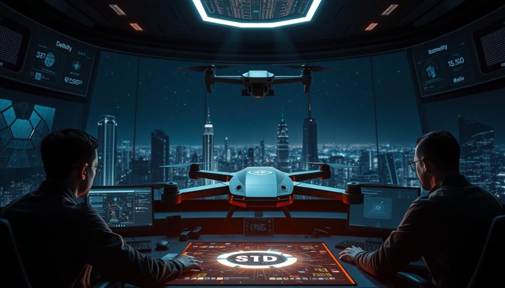 A high-tech security command center, featuring a seotoolsm.com logo on the main display. In the foreground, a team of security specialists monitors a holographic interface, their faces illuminated by the soft glow of digital screens. In the middle ground, a sleek, armored security drone hovers, its sensors scanning the environment. The background is a dimly lit, futuristic landscape, with towering skyscrapers and a starry night sky visible through the panoramic windows. Dramatic lighting casts sharp shadows, creating a sense of tension and vigilance. The overall atmosphere conveys a strong emphasis on cutting-edge technology, robust security measures, and precise, coordinated control.