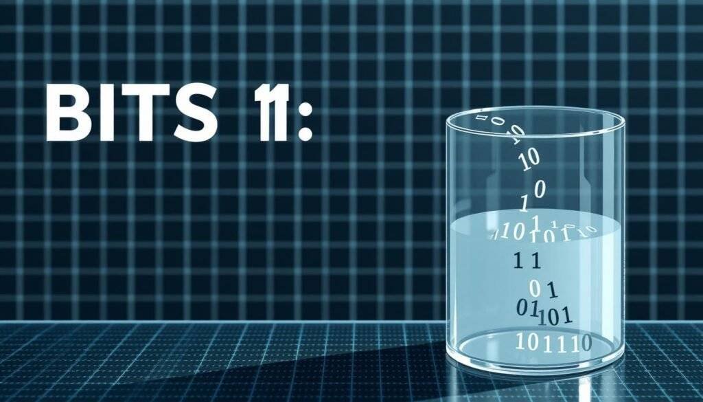 A highly detailed technical illustration showcasing the conversion from bits to bytes. In the foreground, a clear glass container holds a stream of binary digits (0s and 1s) flowing seamlessly into a larger container, representing the transformation into bytes. The background features a grid-like pattern, symbolizing the underlying digital infrastructure. The lighting is crisp and precise, casting sharp shadows that emphasize the geometric shapes. The camera angle is slightly elevated, providing an informative bird's-eye view of the conversion process. The overall mood is one of simplicity, clarity, and precision, reflecting the objective nature of the data transformation.