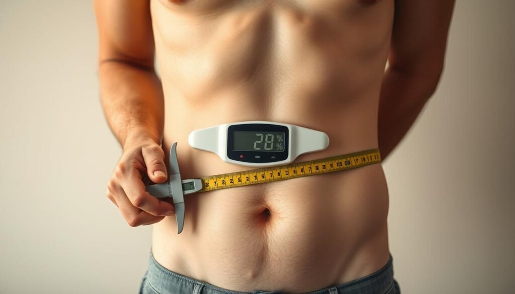 A meticulously composed scene depicting various methods for measuring body fat. In the foreground, a person's torso against a plain background, showcasing calipers measuring skinfold thickness. In the middle ground, a set of digital scales with a readout displaying body fat percentage. In the background, a tape measure demonstrating the circumference measurement technique. Warm, natural lighting casts subtle shadows, emphasizing the precision of the measurements. The overall atmosphere conveys a sense of informative clarity, inviting the viewer to understand the different approaches to determining body composition.