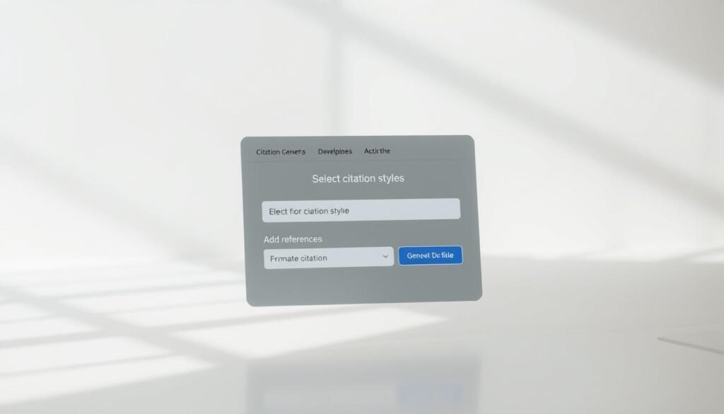 A minimalist, elegant citation generator interface against a soft, blurred background. In the foreground, a clean, geometric design with a central input field for citations, surrounded by options to select citation styles, add references, and generate formatted citations. The interface has a calm, focused atmosphere, with muted colors and subtle highlights that draw the eye to the core functionality. Lighting is soft and diffused, creating a sense of depth and creating a serene, productivity-focused ambiance. The angle is a slightly elevated, three-quarter view, giving a sense of overview and control over the citation generator's capabilities.