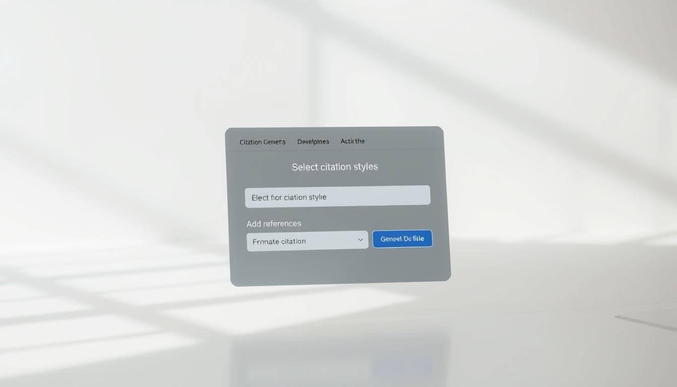A minimalist, elegant citation generator interface against a soft, blurred background. In the foreground, a clean, geometric design with a central input field for citations, surrounded by options to select citation styles, add references, and generate formatted citations. The interface has a calm, focused atmosphere, with muted colors and subtle highlights that draw the eye to the core functionality. Lighting is soft and diffused, creating a sense of depth and creating a serene, productivity-focused ambiance. The angle is a slightly elevated, three-quarter view, giving a sense of overview and control over the citation generator's capabilities.
